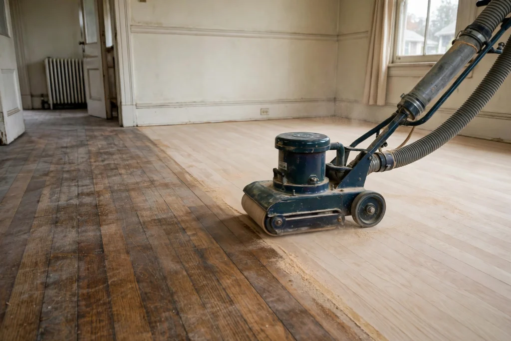 Sanding and refinishing an oak hardwood floor in North Bay